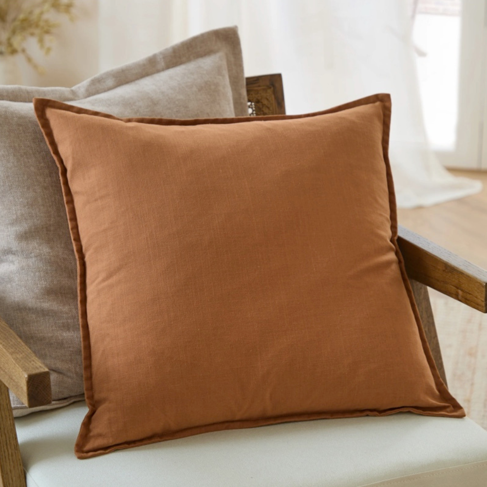 Slub Cotton Oxford Border Feather Filled Cushion Toffee - 50x50cm by Yard