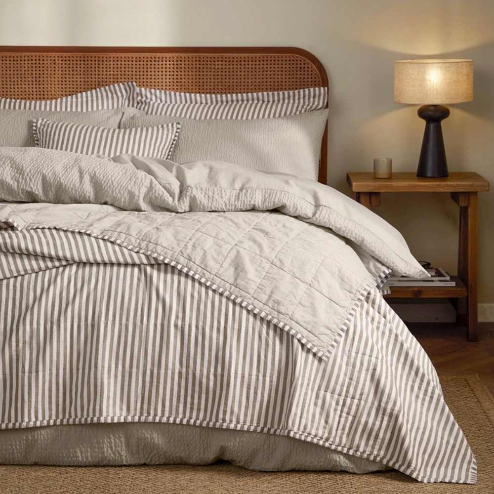 Hebden Quilted Stripe 100% Cotton Bedspread - Mole/Stone by Yard
