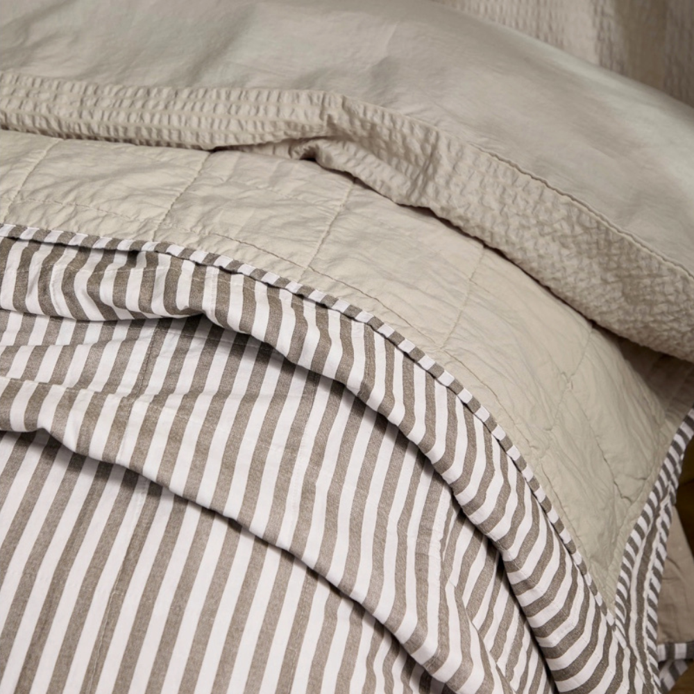 Hebden Quilted Stripe 100% Cotton Bedspread - Mole/Stone by Yard