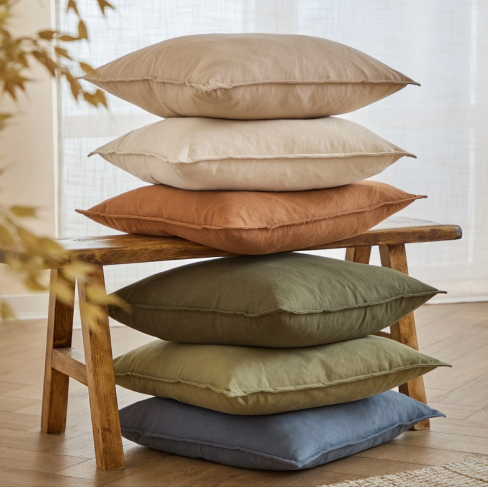 Slub Cotton Oxford Border Feather Filled Cushion Toffee - 50x50cm by Yard
