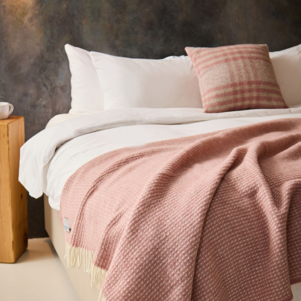 Waffle Extra Large Pure New Wool Blanket - Dusky Pink by Tweedmill